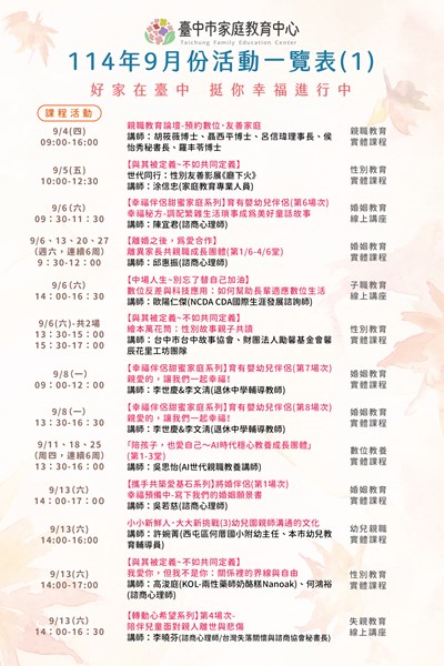 臺中市家庭教育中心 114年9月份活動一覽表1